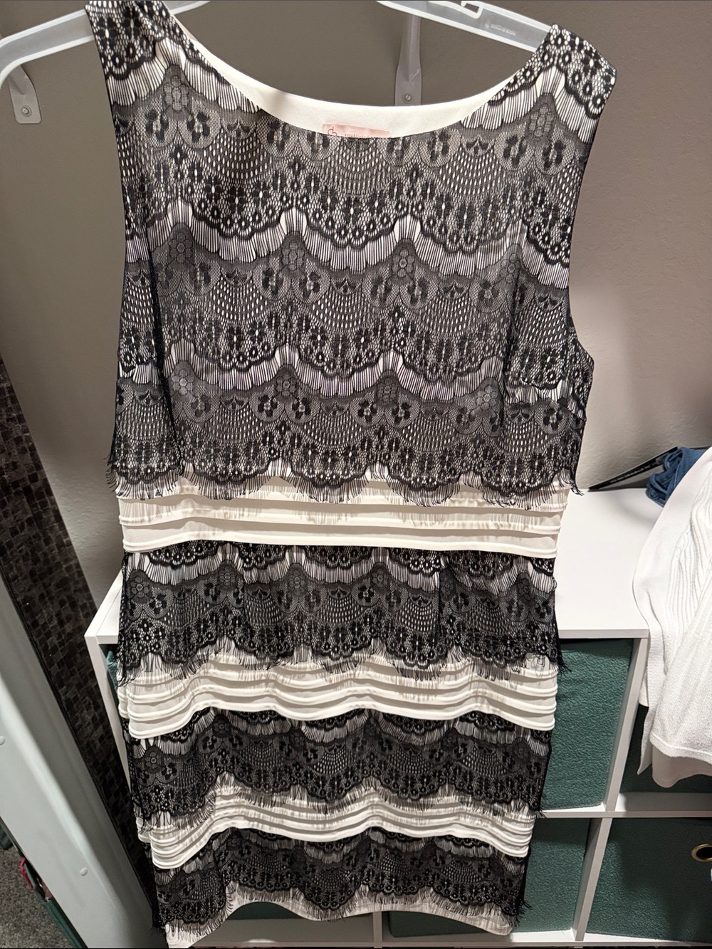 Dress Barn Black Lace Overlay with Cream Stripes Mini Dress